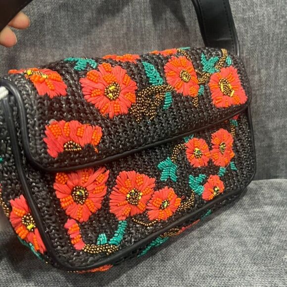 STAUD Tommy Raffia Beaded Bag California Poppy Floral - Picture 2 of 16
